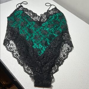 Delicates Black Lace Emerald Green Sheer Lace Bodysuit Size Large